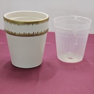 Vintage Ceramic Orchid Pot w/Gold Accent & Plastic Liner